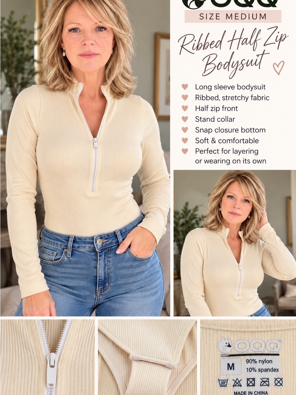 OQQ Ribbed Half-Zip Bodysuit – Size Medium